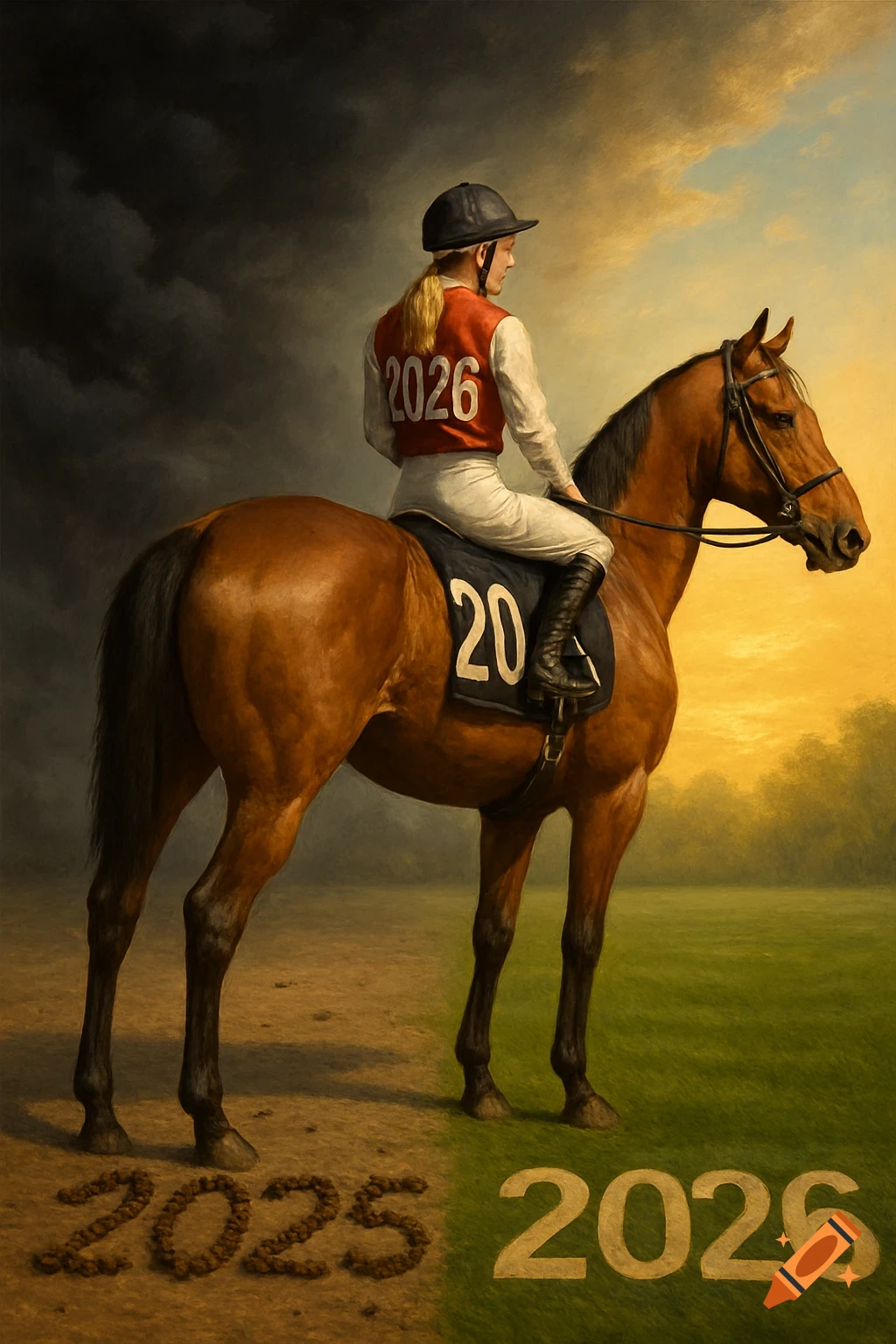 A painted scene of a jockey in a red vest with '2026' on her back, riding a brown horse. '2025' is on the ground in horse droppings, and '2026' is on green grass.