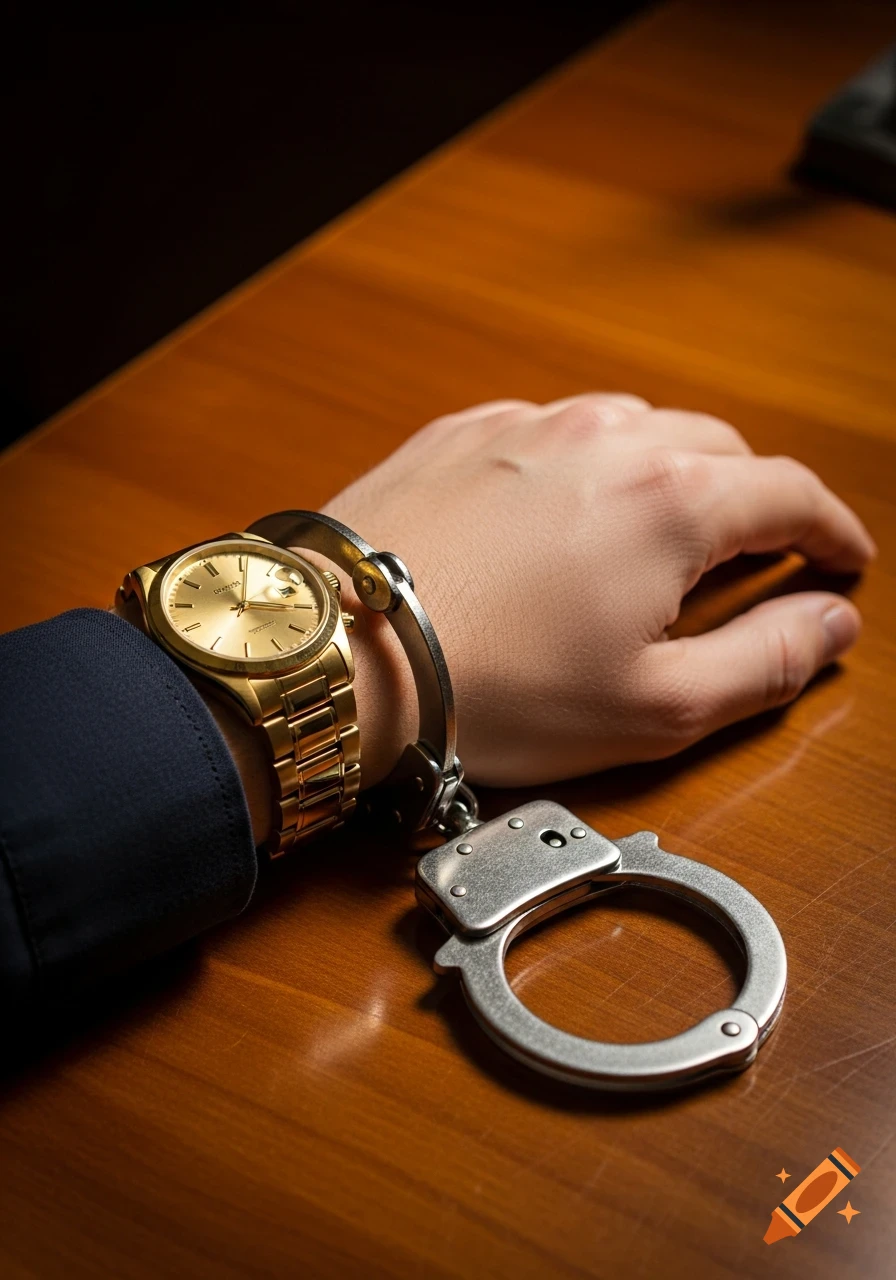 A person's hand wearing a gold watch is handcuffed to a polished wooden desk.