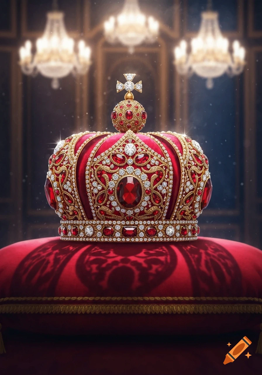 An ornate, jeweled red and gold crown sits on a velvet pillow, with blurred chandeliers in a grand hall background.