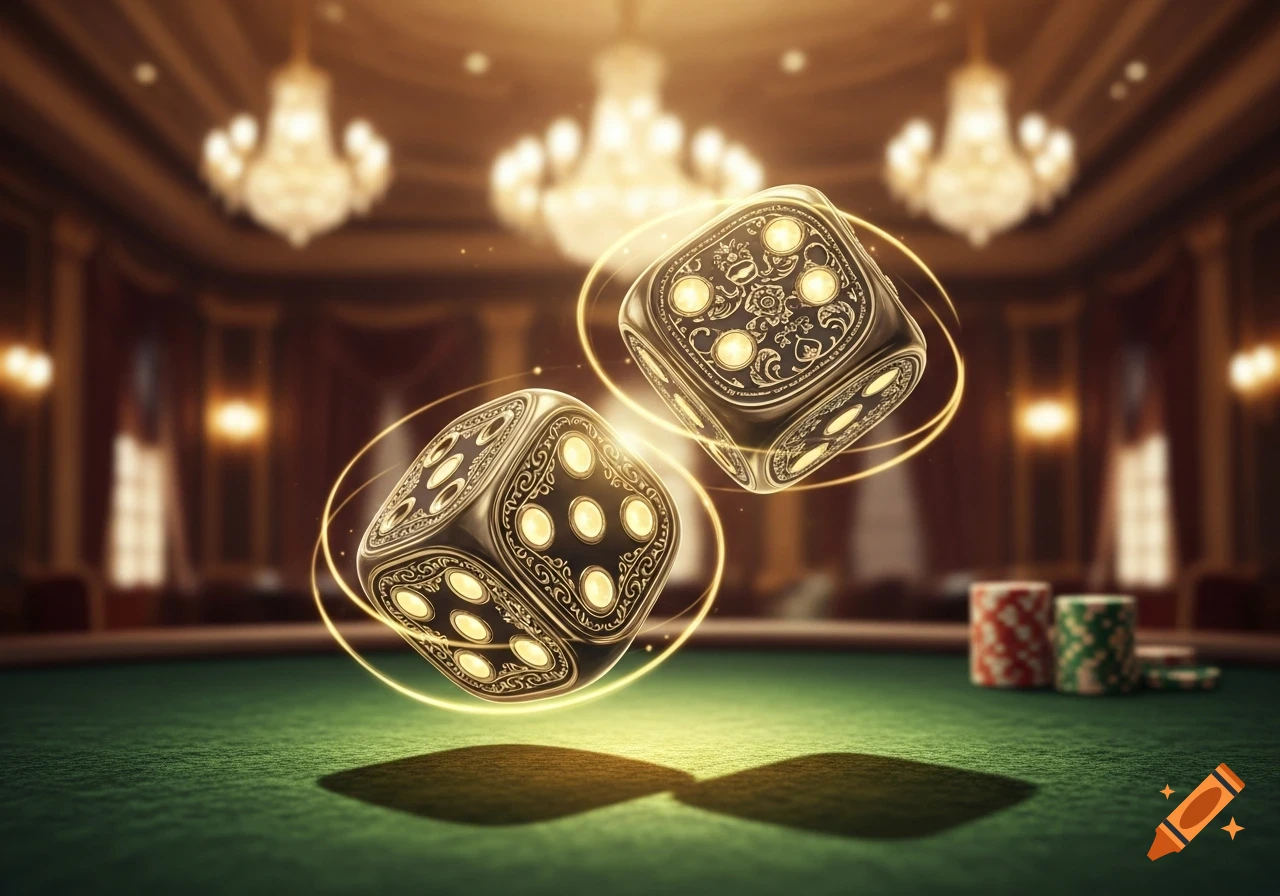 Two ornate, glowing dice float above a green felt casino table, with poker chips and chandeliers in the background.
