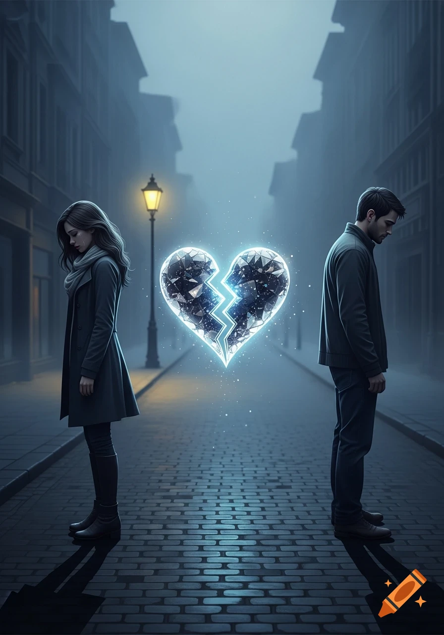 A man and woman stand separated on a dark, misty street with a glowing, broken crystal heart between them.