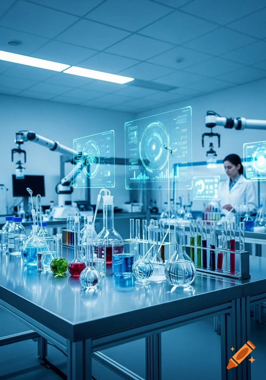A futuristic laboratory with a table full of beakers and test tubes with colorful liquids, illuminated by holographic data screens. A scientist works in the background.