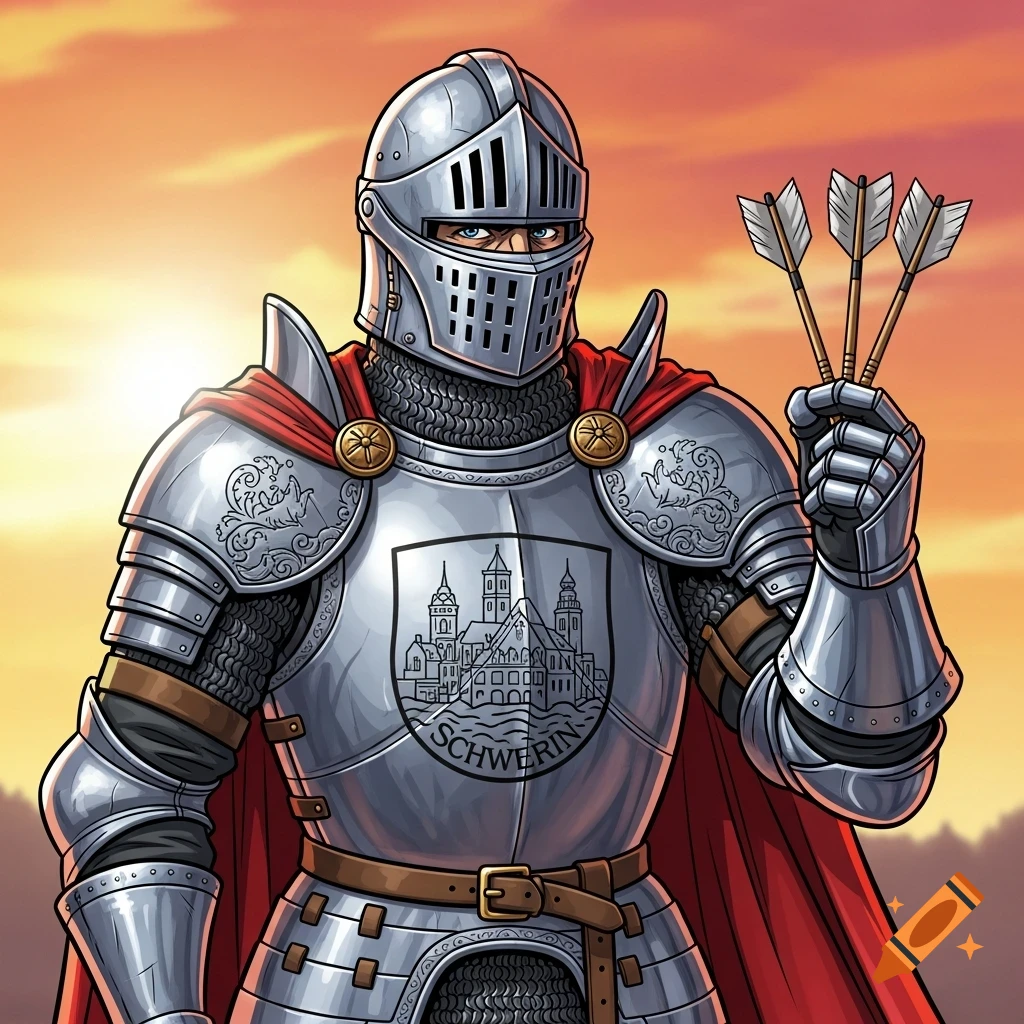 A cartoon knight in shining armor with a red cape holds darts, with a city crest reading 'SCHWERIN' on his shield against a sunset sky.
