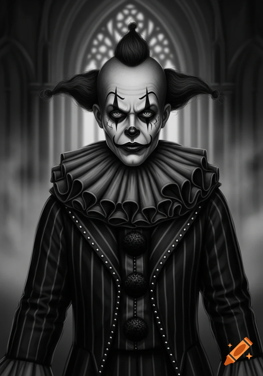 Black and white gothic clown portrait with ruffled collar and striped suit in a dark, church-like setting.