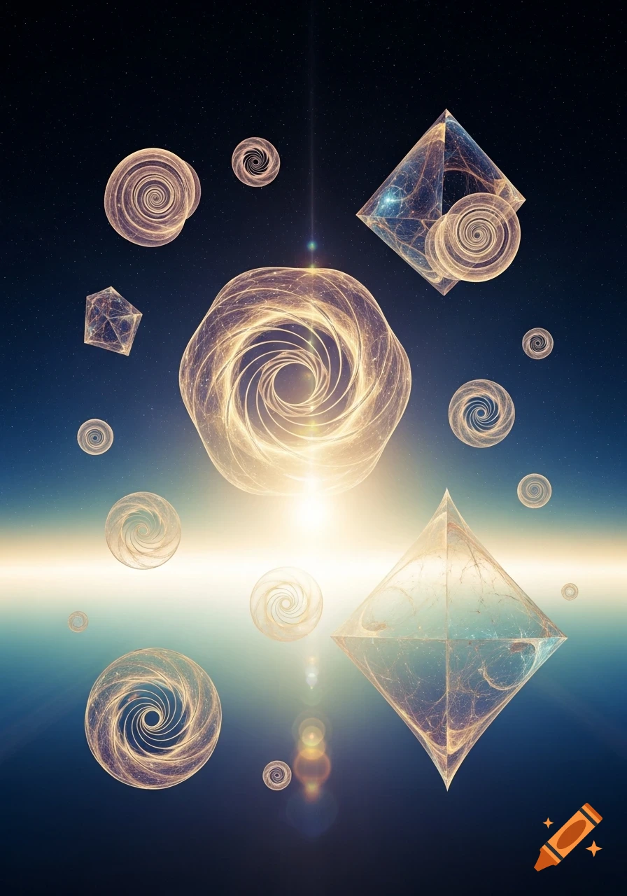 Glowing, intricate geometric shapes, including spirals and diamonds, float in a starry blue-orange cosmic background with a bright horizon.