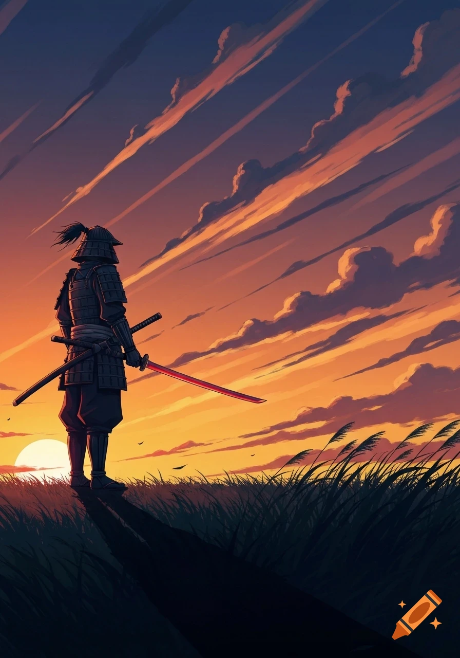 Anime-style illustration of a samurai with a red katana watching the sunset over a grassy field.