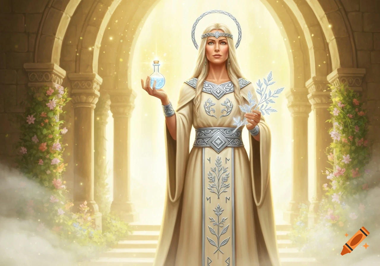 A beautiful goddess in a flowing gown holds a glowing potion and plant in a sunlit arched hall with flowering vines, fantasy art.