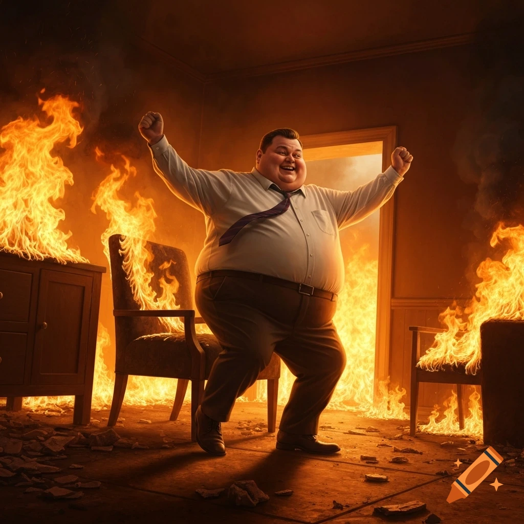A heavy-set man in a shirt and tie dances gleefully with raised fists in a room fully engulfed in flames, with debris on the floor.