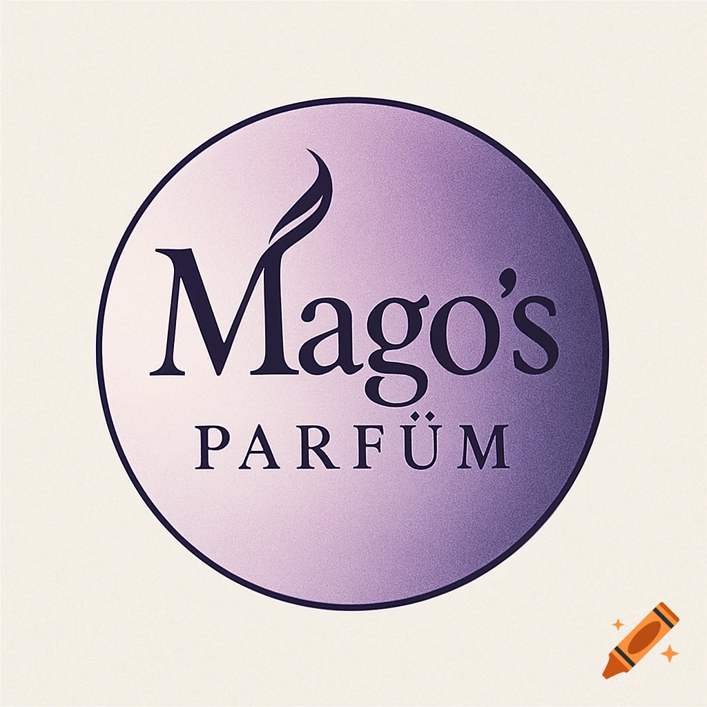 A purple gradient circular logo for Mago's PARFÜM with a stylized leaf.