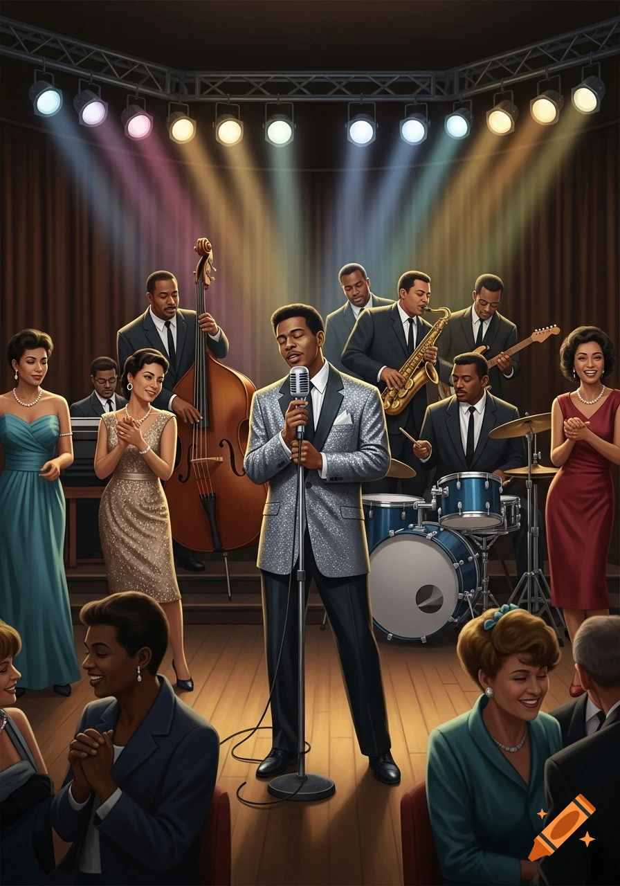 Illustration of a soulful Motown-style band performing on a brightly lit stage with a singer and audience.