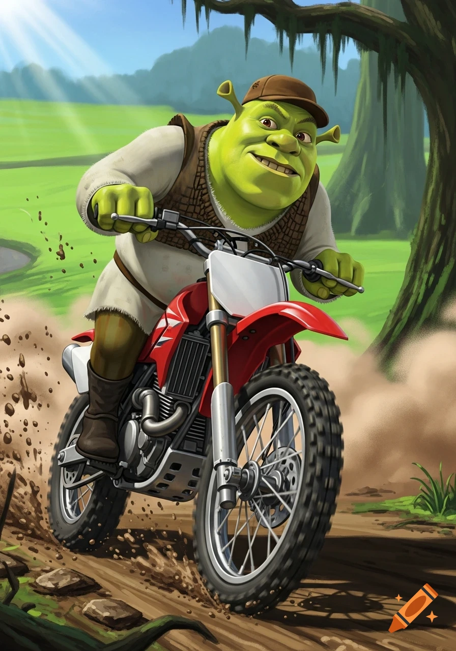 Shrek riding a red dirtbike down a muddy trail in a lush green landscape, detailed illustration.