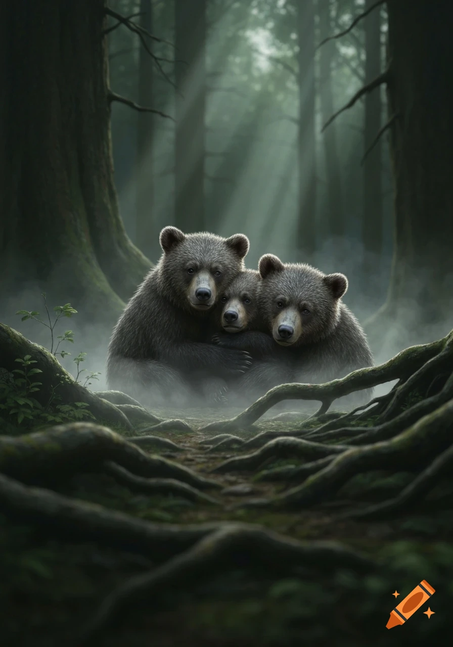 Three sad bear cubs huddle together in a foggy, dark photorealistic forest with sun rays shining through the trees.