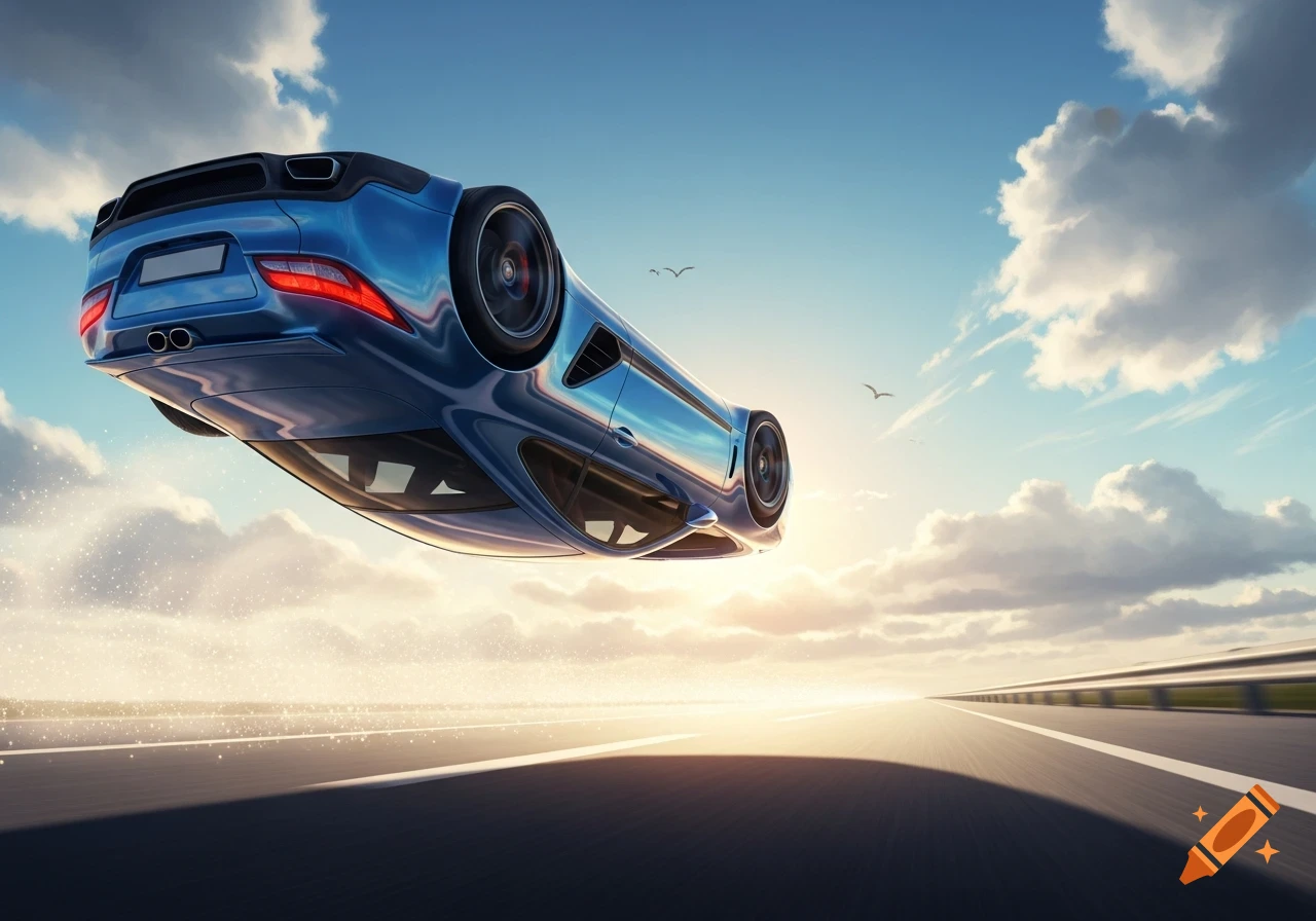 A blue sports car flies upside down over a multi-lane highway, with clouds in the sky and the sun setting on the horizon.