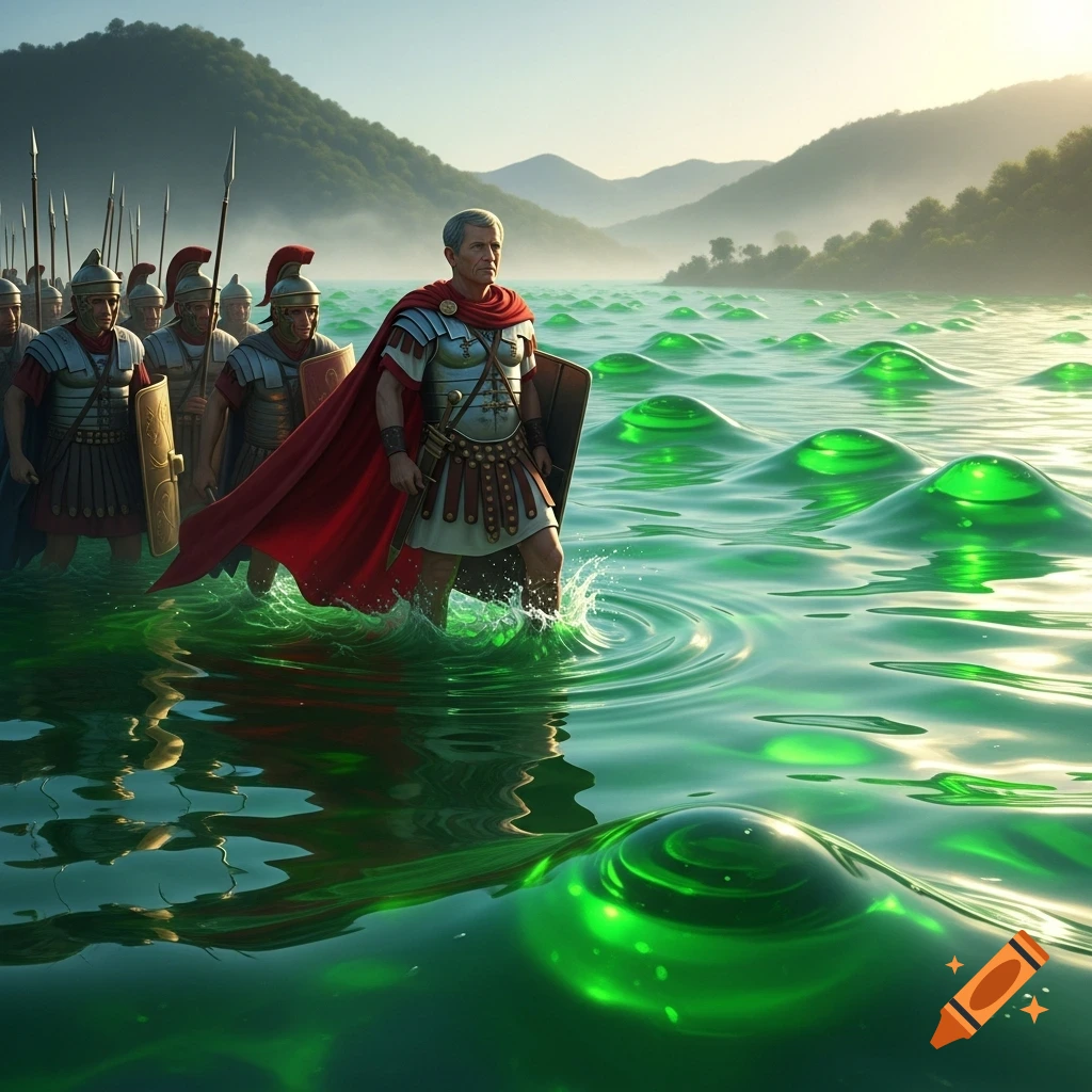 A photorealistic image of Caesar and Roman soldiers wading through a river of green jello with mountains in the background.