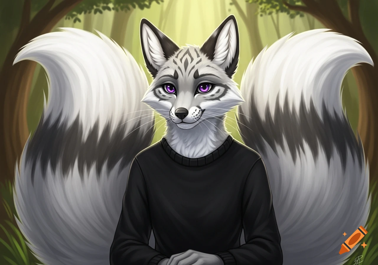A stylized white and gray fox-like creature with purple eyes and two fluffy tails, wearing a black sweater, in a forest.
