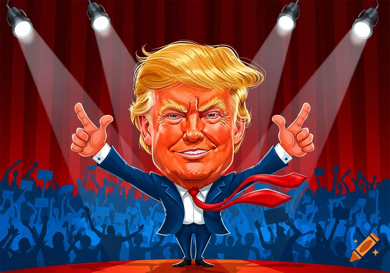 Cartoon caricature of Donald Trump on a stage, with exaggerated features, giving a speech to a cheering crowd under spotlights.