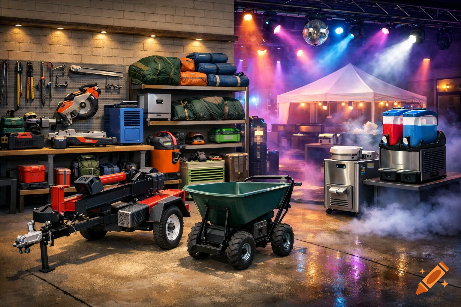 A photorealistic image split between a well-stocked workshop with tools and camping gear, and a lively party area with a tent, slushie machines, disco ball, and colorful lights.