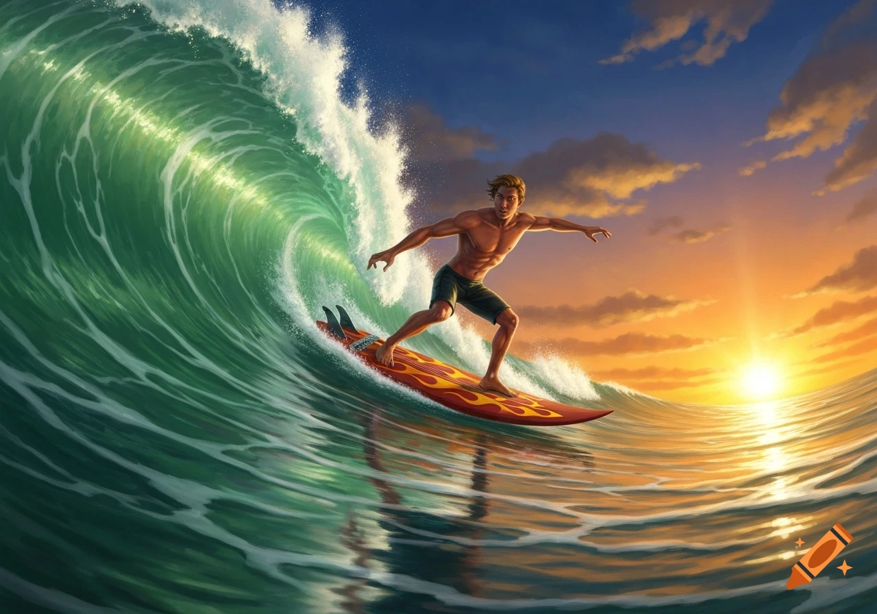 A shirtless man surfs a large green wave at sunset, his board decorated with flames.