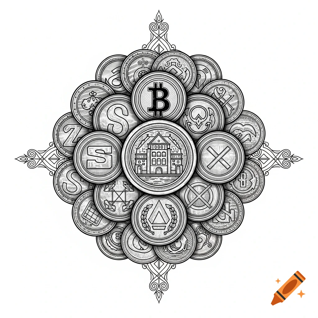 A detailed black and white illustration of a mandala-like arrangement of various coins with symbols like Bitcoin, letters, and a building.