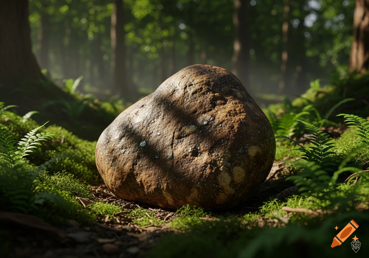 A photorealistic image of a large, textured rock on a mossy forest floor with ferns and dappled sunlight.