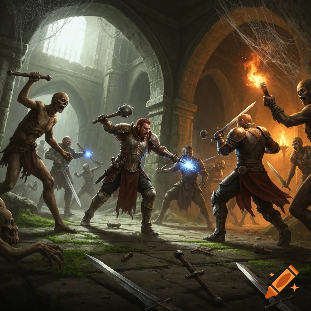 Armored adventurers battle skeletal undead in a dark, torch-lit dungeon, wielding swords and maces.