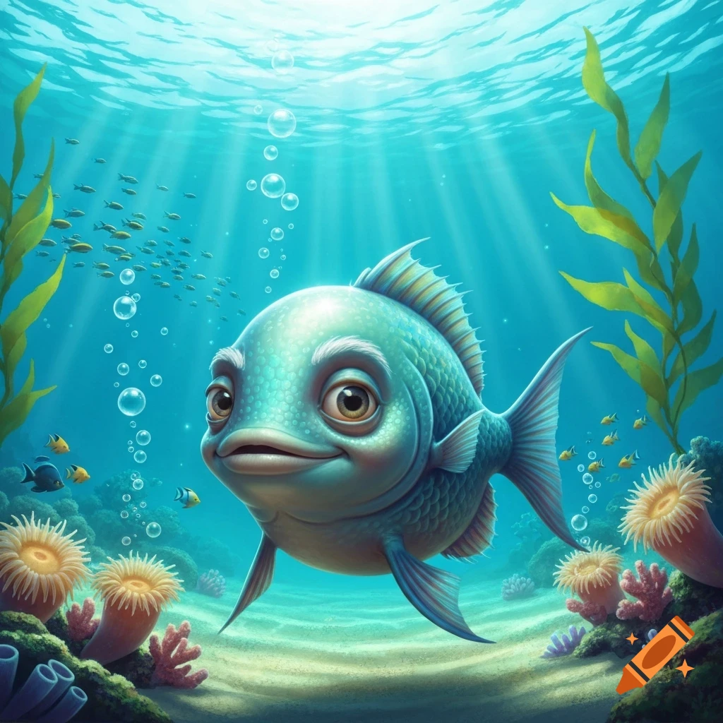 A smiling, cartoon blue fish with a smooth head and scaly body swims in a vibrant underwater scene with light rays, coral, and fish.