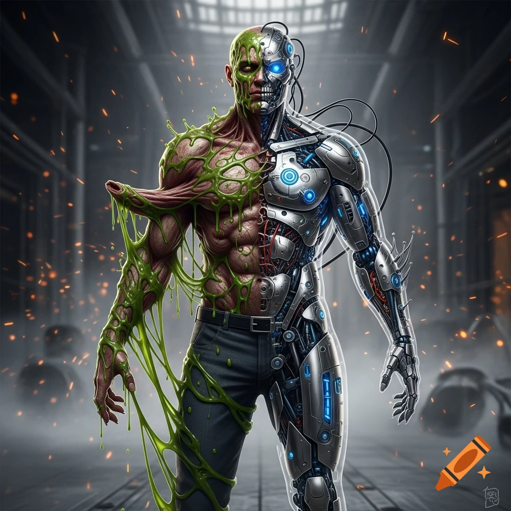 A man transforming, with his right side a grotesque green-slimy monster and his left side a metallic, blue-lit robot, in an industrial setting.