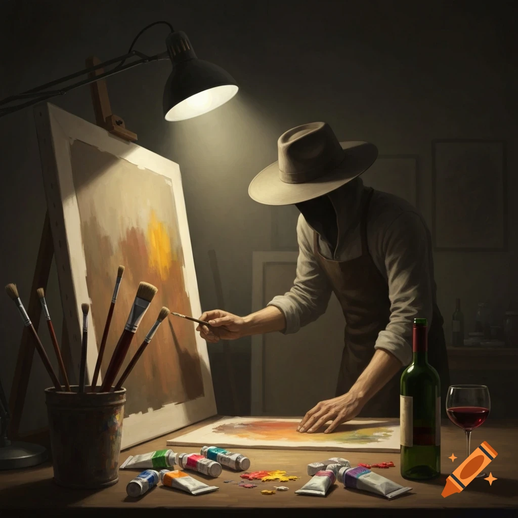 An anonymous artist in a hat and apron paints at an easel in a dark room, illuminated by a lamp. Art supplies and wine sit on the table.