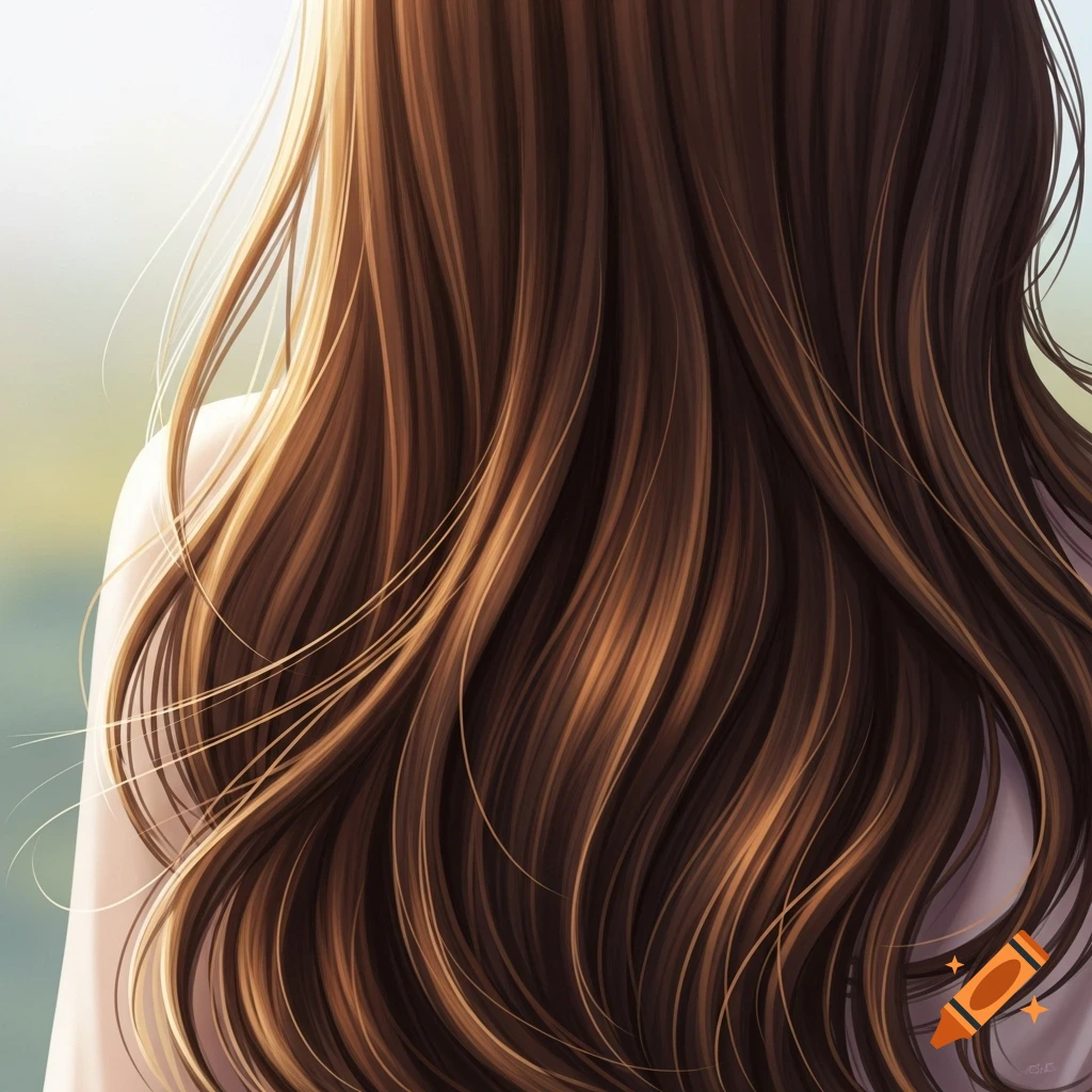 Close-up of long, flowing brown hair seen from behind in an anime style.
