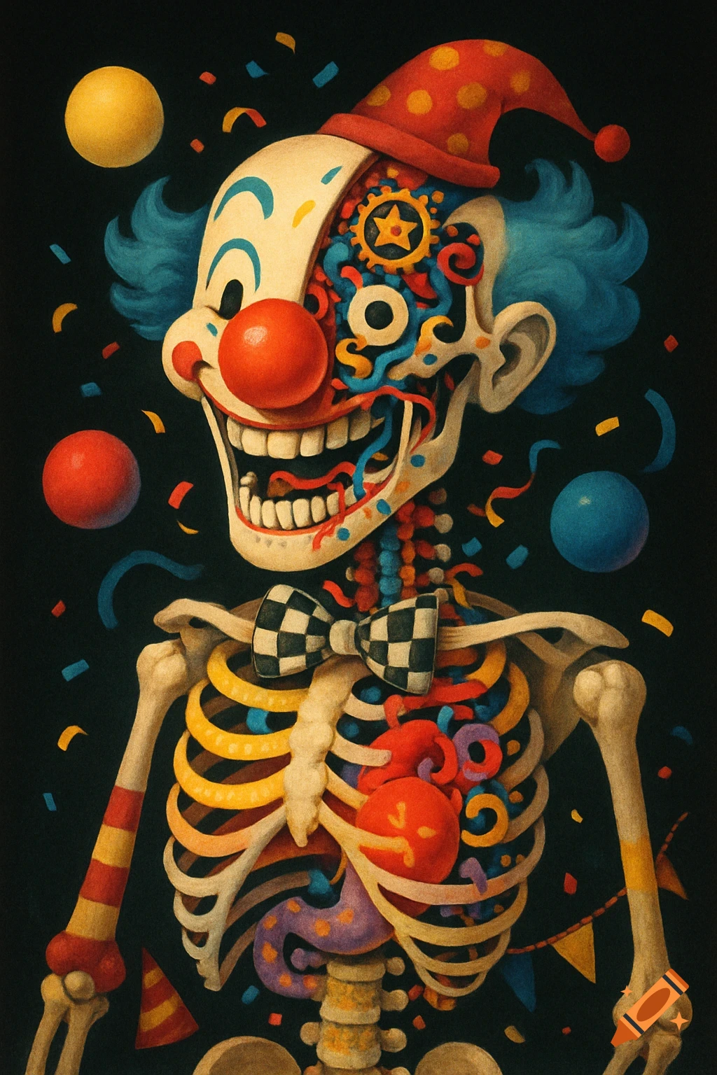 Colorful, stylized art of a clown skeleton with exposed gears and organs, wearing a party hat and a checkered bowtie on a black background with confetti.