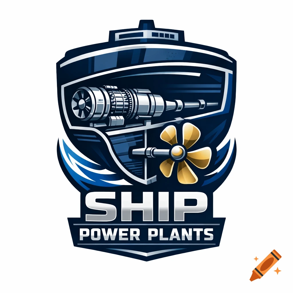 A blue and silver logo for 'SHIP POWER PLANTS' depicting a cross-section of a ship's stern with a gas turbine and propeller.