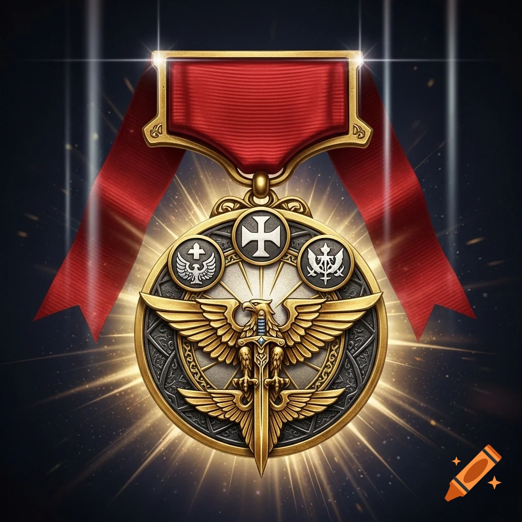 Ornate golden medal with an eagle, sword, and various symbols on a red ribbon, glowing against a dark background.