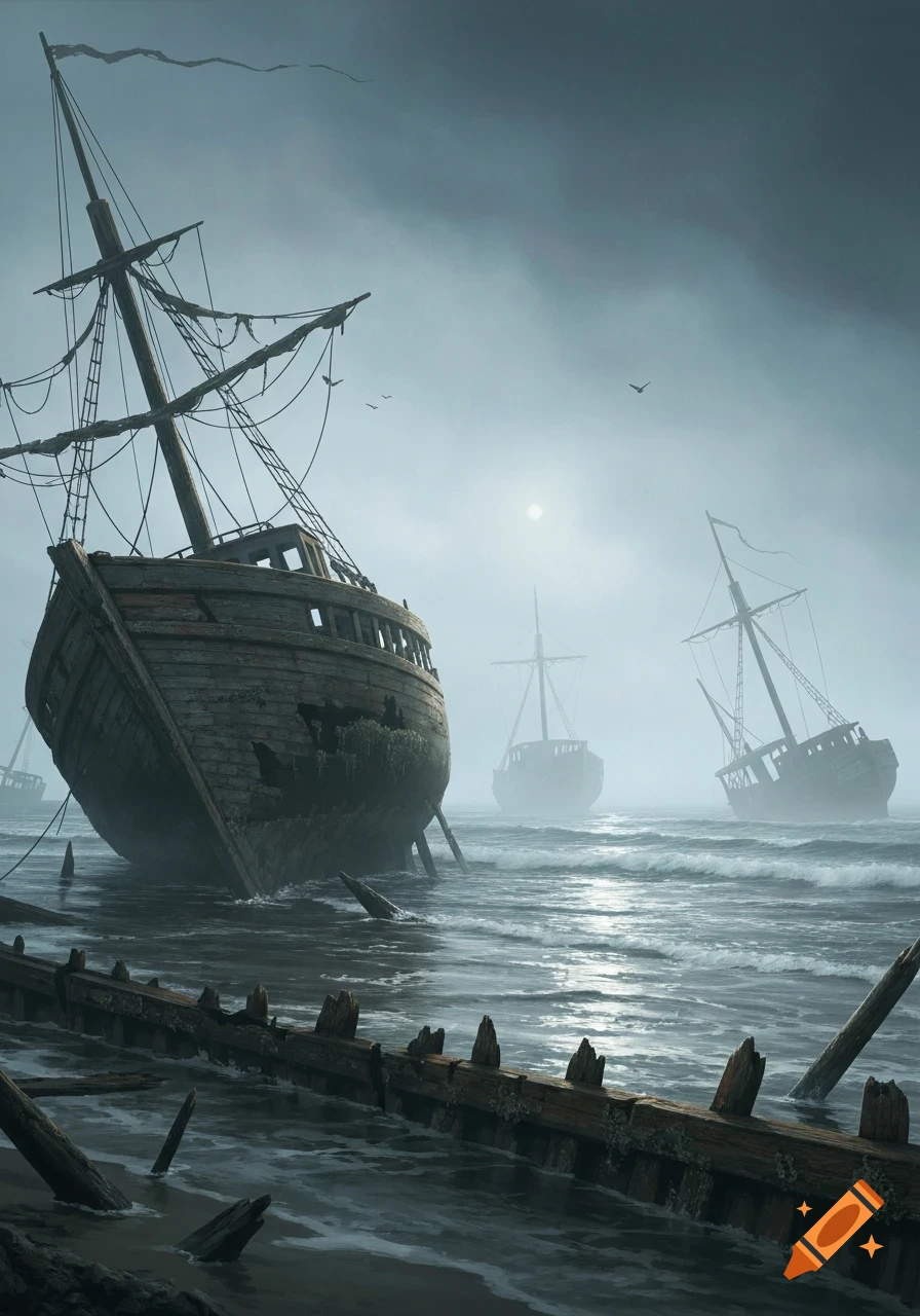 Decaying shipwrecks line a foggy, misty beach with choppy waves under a dim sky.