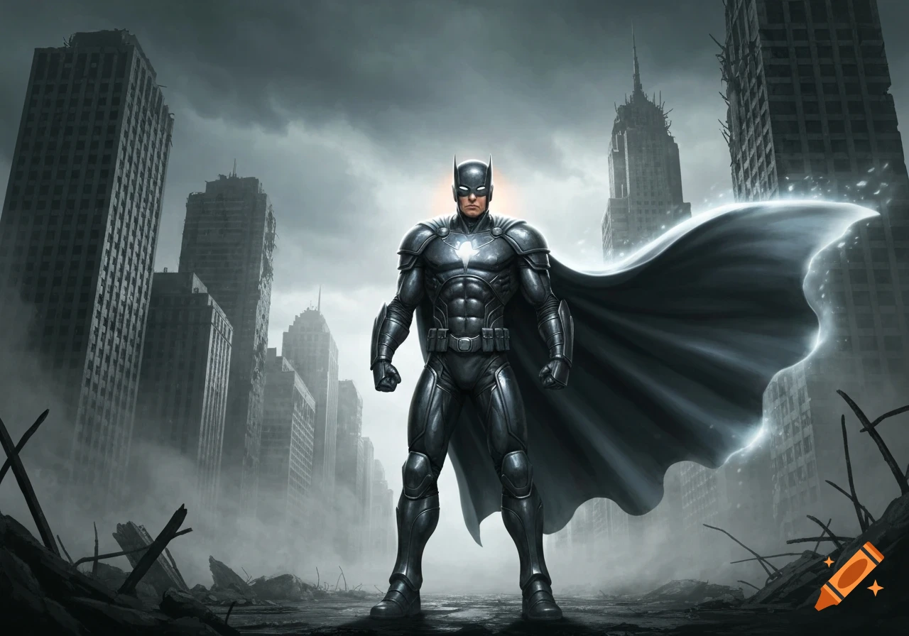 A muscular superhero in a dark suit and glowing cape stands in a ruined city under a cloudy sky.