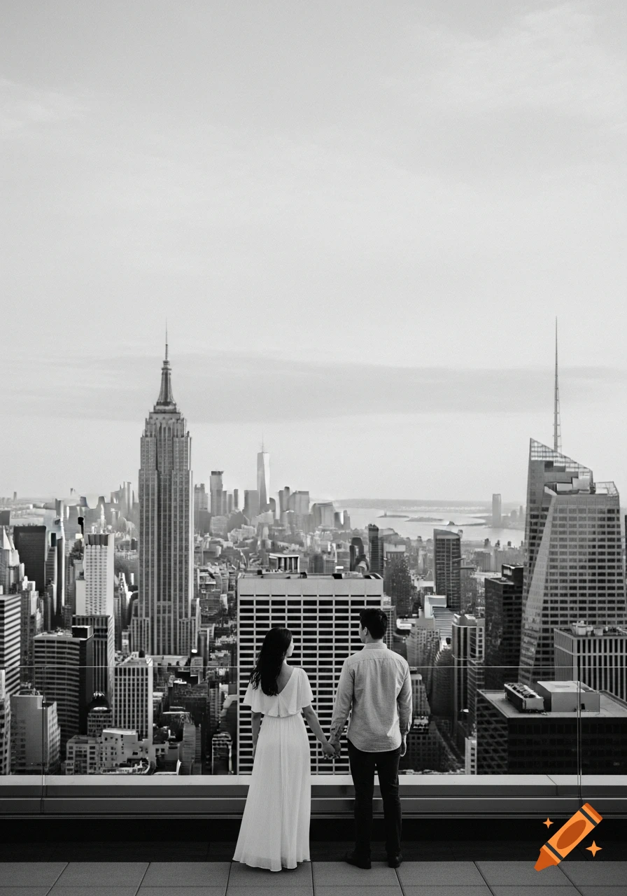 A black and white photograph shows a couple holding hands, looking out at the New York City skyline from a rooftop.