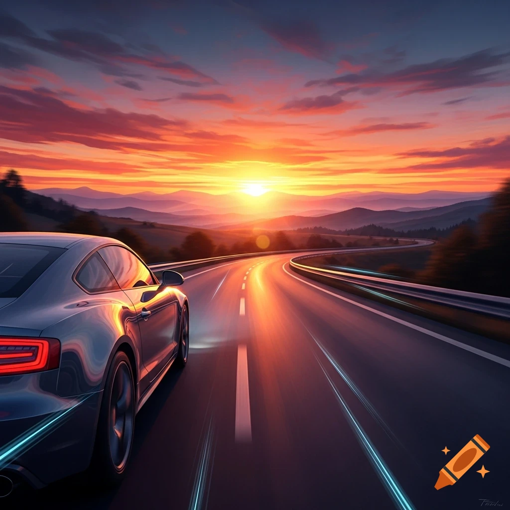 A silver sports car drives on a winding road with a vibrant orange and red sunset over mountains in the background.