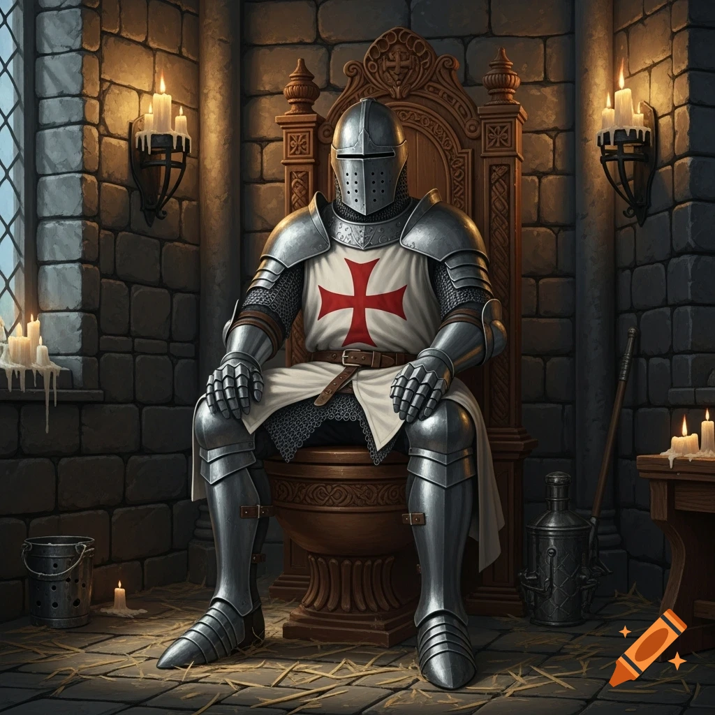 A Knight Templar in full plate armor sits on a wooden toilet that resembles a throne in a dimly lit stone room.