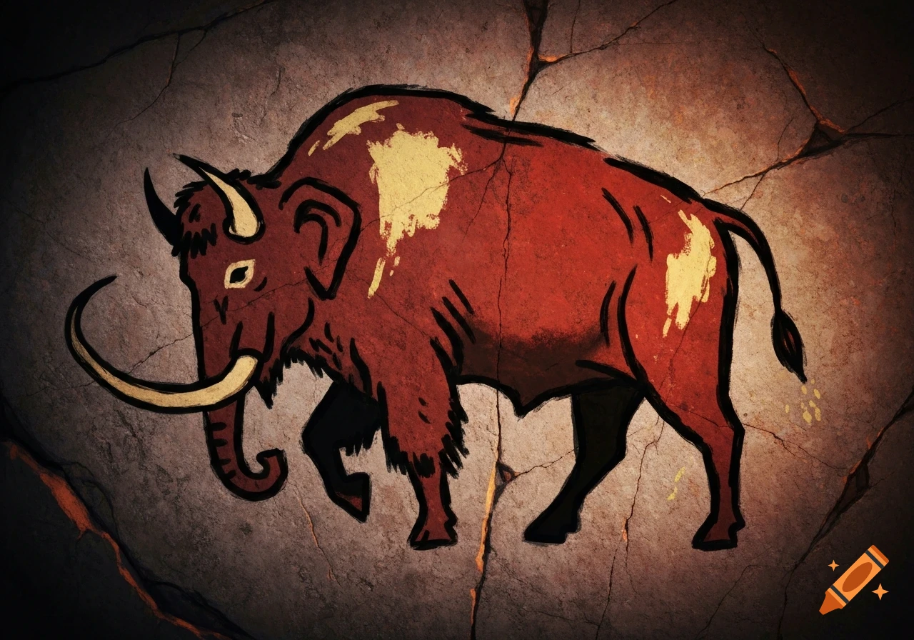 A stylized red and yellow mammoth cave painting on a dark, cracked rock wall.