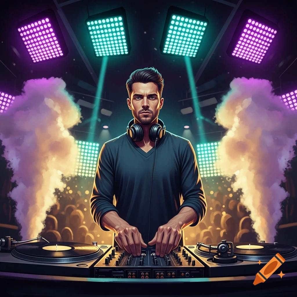 Male DJ in a dark club, wearing headphones and mixing on turntables, surrounded by purple and teal lights, smoke, and a blurred crowd.