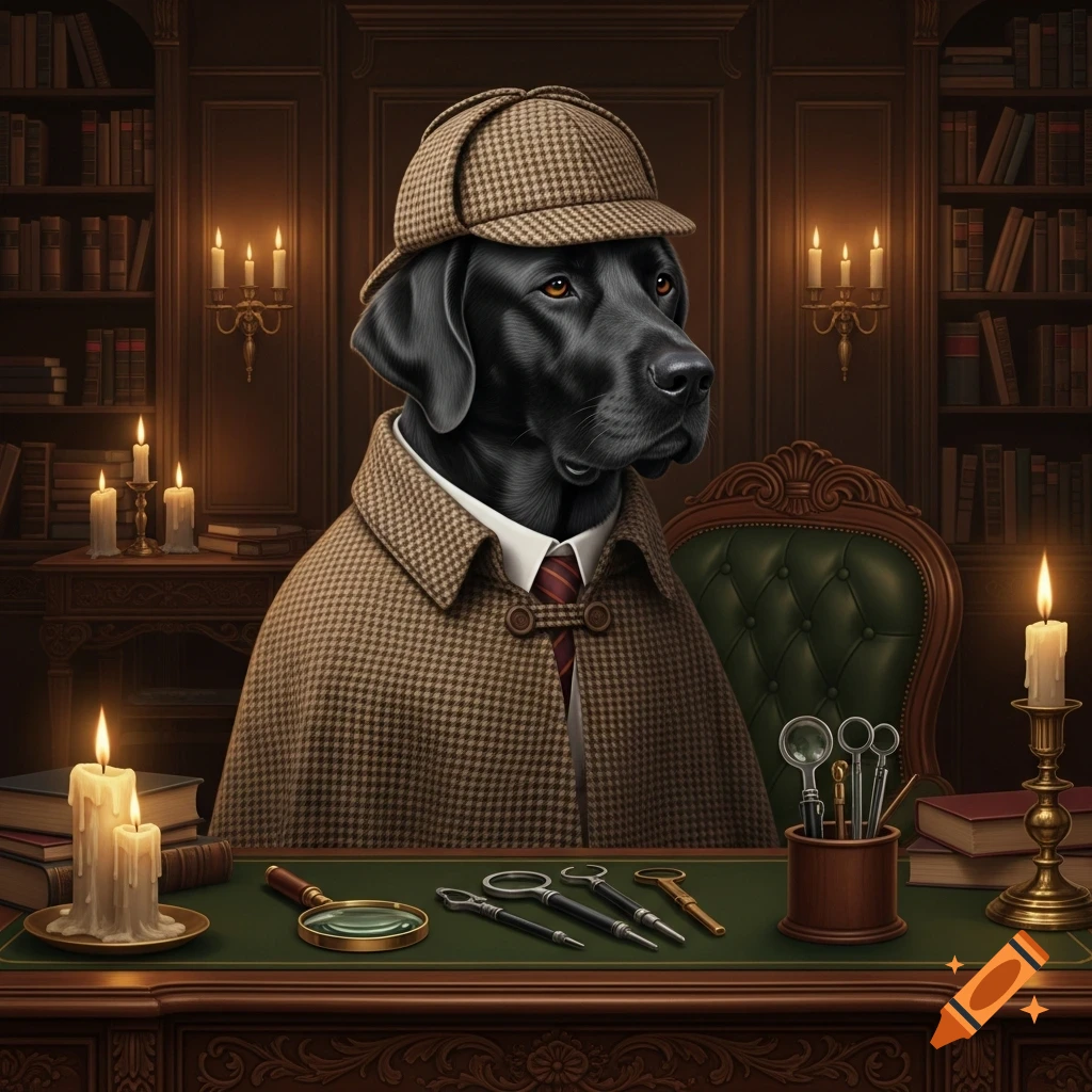 A black Labrador dressed as Sherlock Holmes, wearing a tweed deerstalker hat and cape, sits at a wooden desk in a candlelit study, surrounded by books and detective tools.