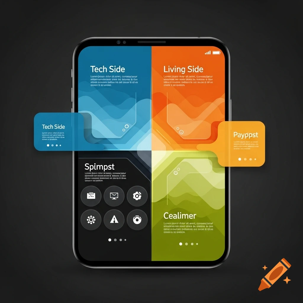 A smartphone screen displaying a segmented user interface with four color-coded sections for 'Tech Side', 'Living Side', 'Spimpst', and 'Cealimer', along with floating 'Tech Side' and 'Payppst' elements. The layout features abstract, wavy patterns and various icons.