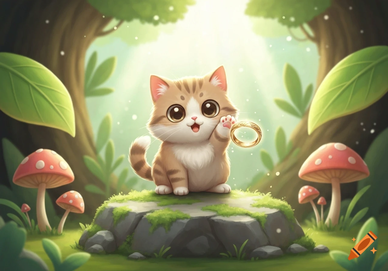 A cute chibi cat with big eyes sits on a mossy rock in a magical forest, holding a golden ring.