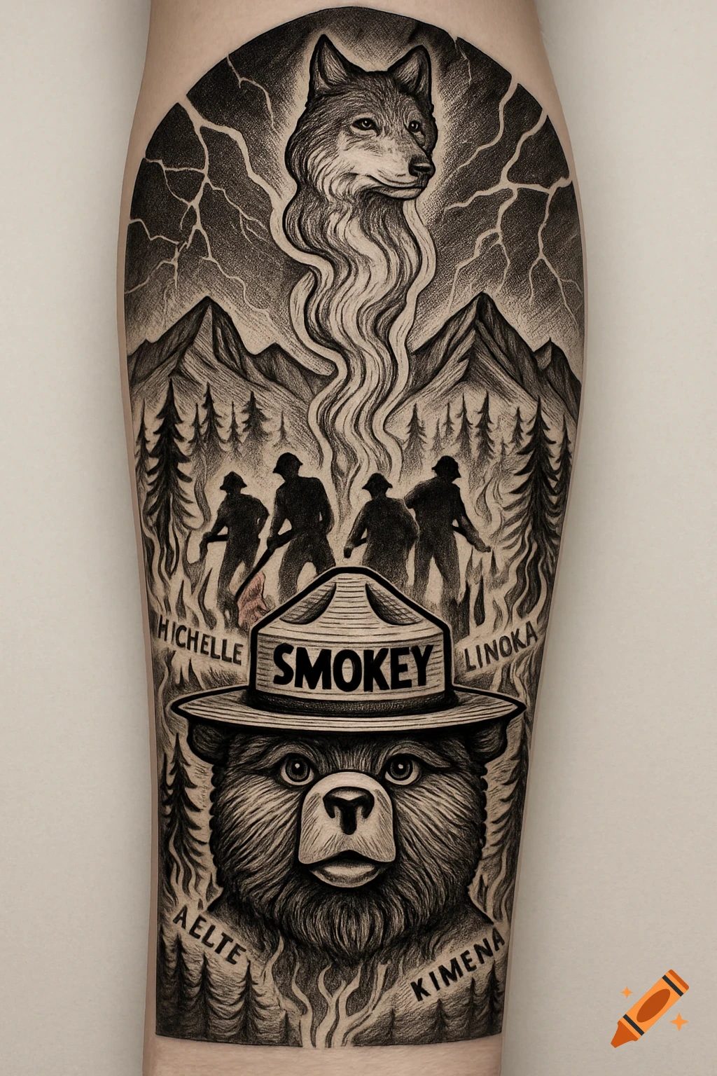 A sketch-style tattoo on an arm, featuring Smokey Bear, silhouettes of wildland firefighters, trees on fire, mountains, lightning, and a wolf's head in a smoke column.
