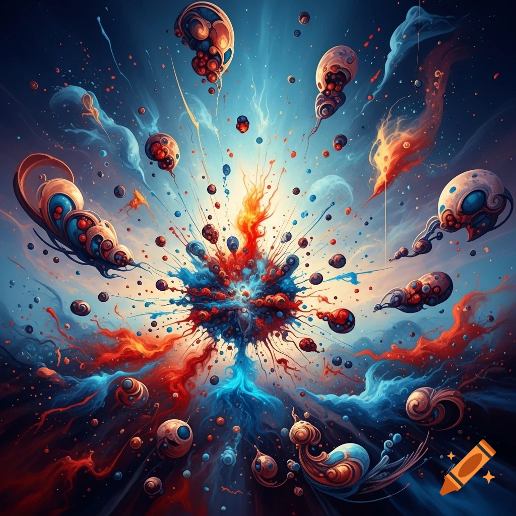 A vibrant abstract explosion of red, blue, and orange liquid forms and particles radiating from a central point, with cosmic elements.