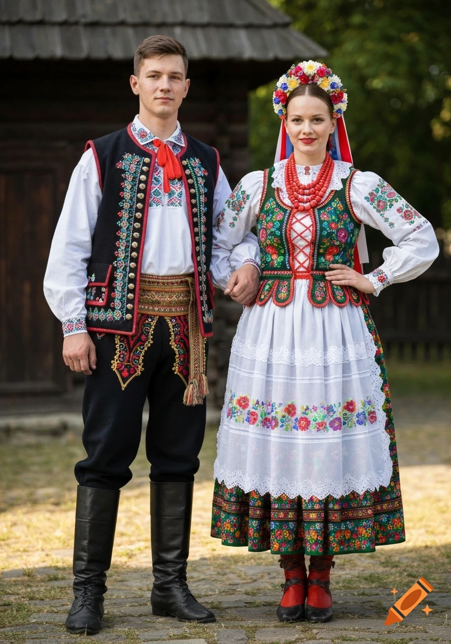 A man and a woman in vibrant traditional Polish folk clothing stand side by side, holding hands, outdoors.