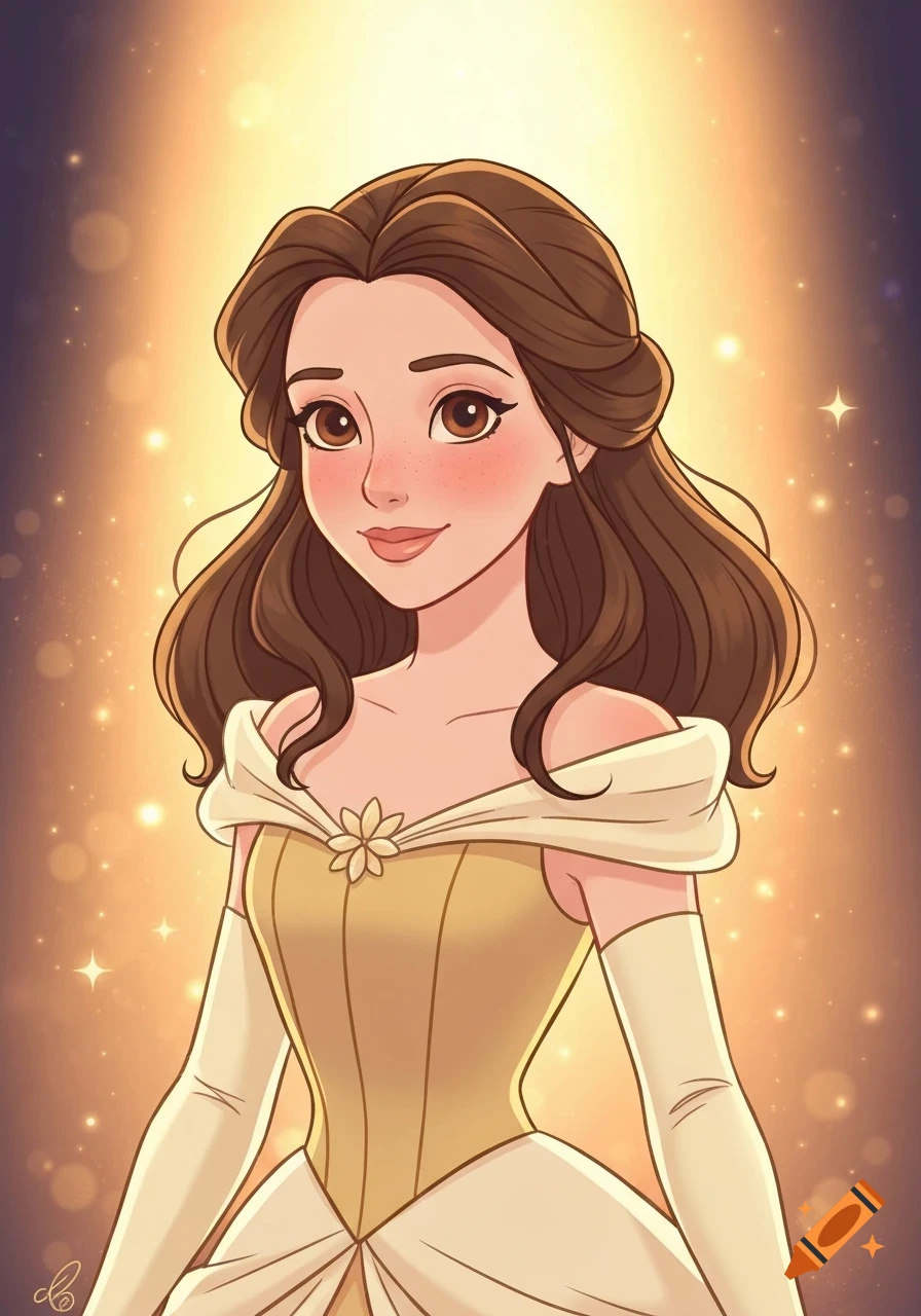 An illustrated Disney-style princess with brown hair and rosy cheeks, smiling gently in a gold and cream gown against a glowing, dreamy background.
