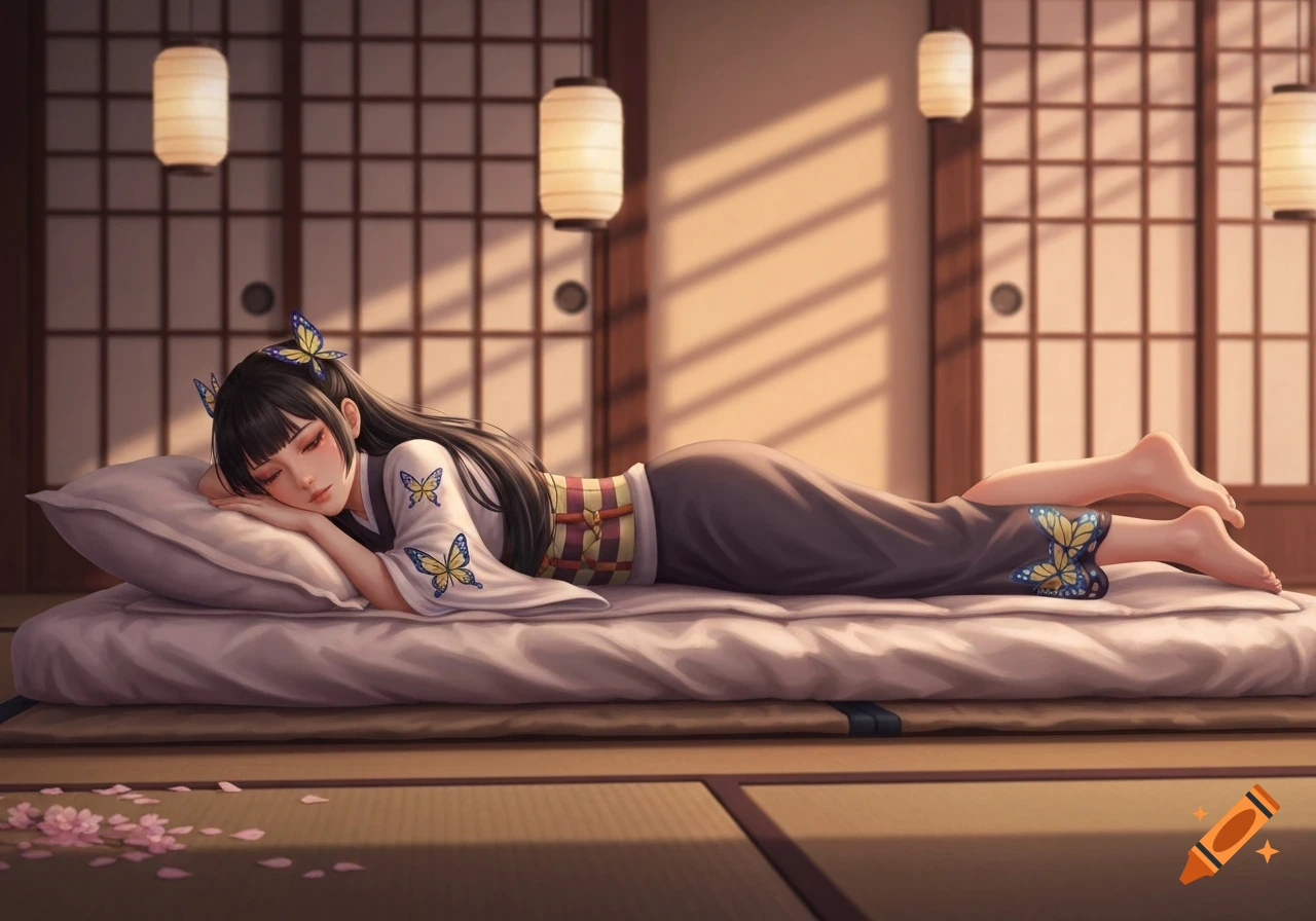 An anime girl with long dark hair, wearing a white butterfly-patterned kimono top and dark pants, sleeps on a futon in a Japanese-style room.