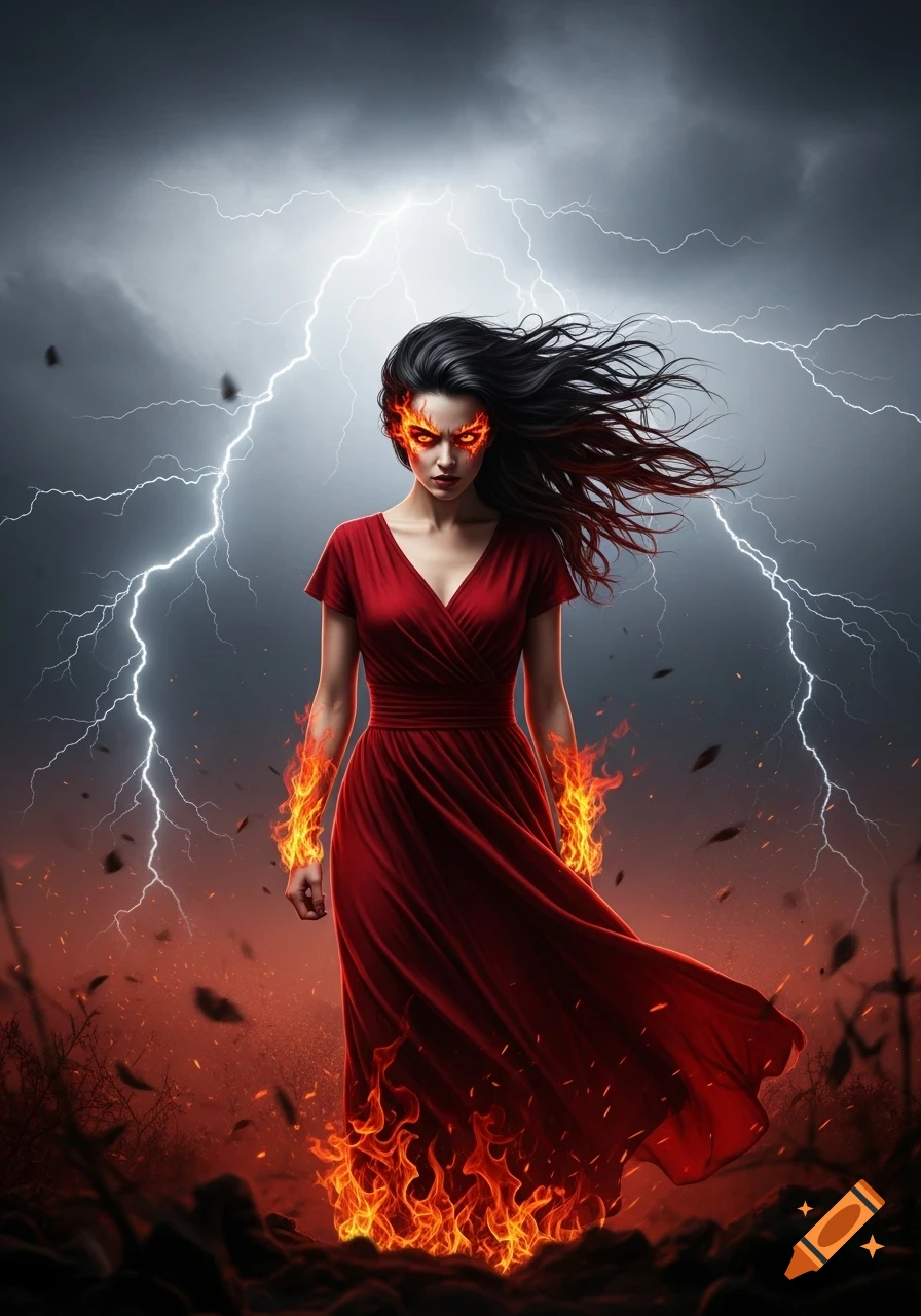 A powerful woman with fiery eyes, hands, and dress hem stands in a stormy, lightning-filled landscape with fire on the ground.