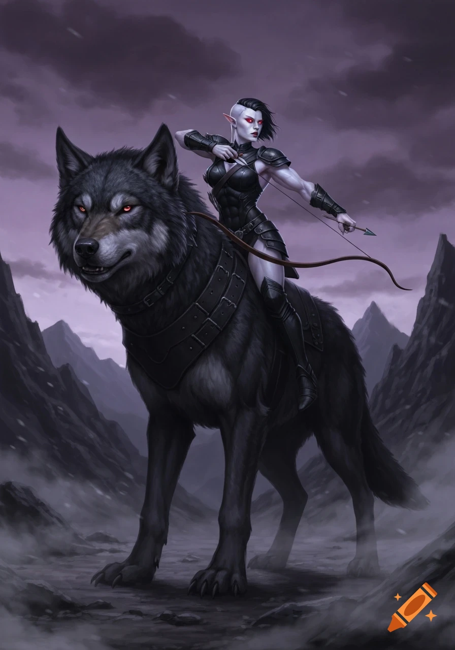 Muscular elf ranger in black armor with bow and arrow rides a huge dark wolf with red eyes through a misty, dark mountain landscape.