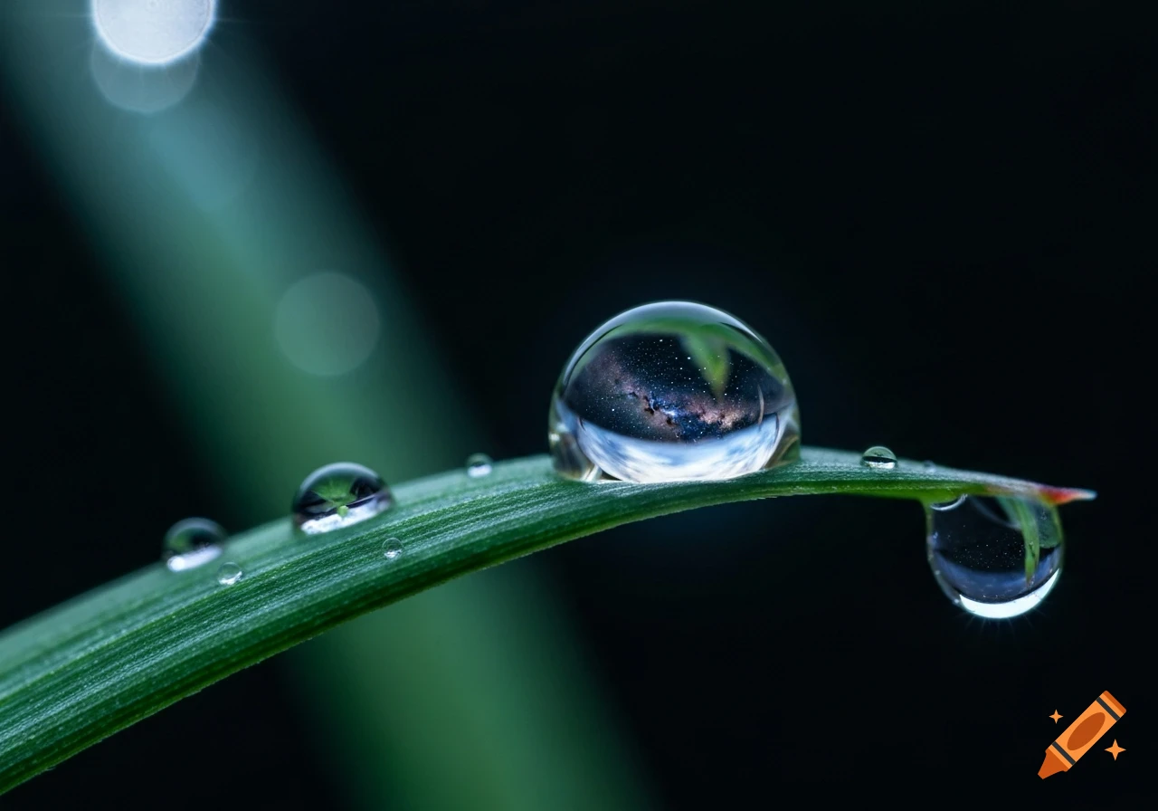Macro shot of a green leaf with several clear water droplets, the largest reflecting a starry galaxy, against a dark, blurred background.
